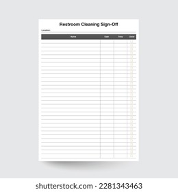 Restroom Cleaning Sign-off Sheet,Bathroom Cleanup Schedule for Employees,Restroom Tidiness,Restroom Log,cleaning log,sign up list,Restroom Log,Cleaning Schedule,Check Off Form,Restroom Inspection