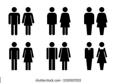 Restroom door pictograms. Woman and man public toilet vector signs, female and male hygiene washrooms symbols, black ladies and gentlemen wc restroom ui