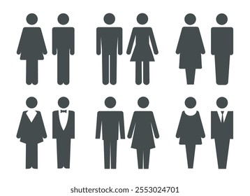 Restroom door pictograms. Woman and man public toilet vector silhouettes signs, female and male symbols isolated vector illustration