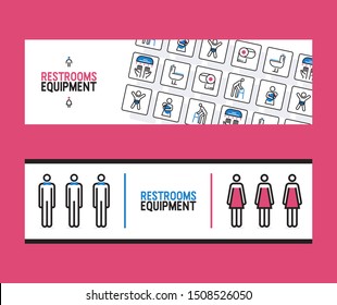 Restroom equipment supply banner, vector illustration. Public toilet service company advertisement header. WC furniture for airport, restaurant, train station and hotel. Thin line icons of restroom