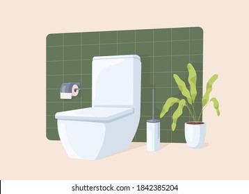 Restroom equipped with white ceramic toilet bowl, paper and brush. Clean modern WC with green plant isolated on beige background. Flat vector illustration
