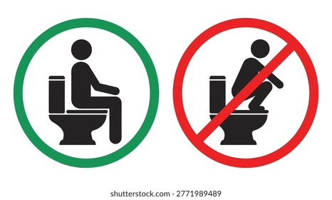 Restroom etiquette sign collection in flat vector style for guidance, toilet use, proper posture, and hygiene safety