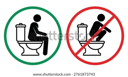 Restroom etiquette sign collection, vector format pictogram, proper posture, prohibited squatting, usage rules, and behavior