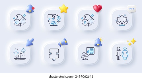 Restroom, Fireworks and Vitamin k line icons. Buttons with 3d bell, chat speech, cursor. Pack of Puzzle, Budget accounting, Chromium mineral icon. Supply chain, Lotus pictogram. Vector