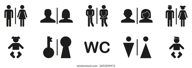 Conjunto De Ícones Sólidos De Símbolos De Banheiro E Sexo. Coleção De Símbolos De Silhueta De Símbolo Masculino, Feminino, Unisex E Símbolo De Banho Infantil. Ícones De Facilidade Pública E Acessibilidade. Ilustração de vetor isolada.