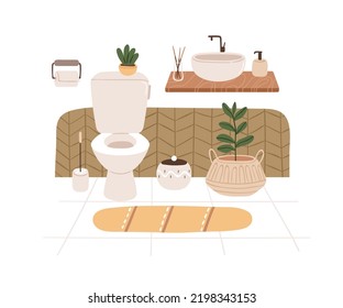 Restroom, home water closet interior design. Modern toilet with flush bowl, washbasin, house plants, furniture. Lavatory room in Scandi style. Flat vector illustration isolated on white background