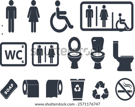 Restroom and Hygiene Icon Set - Accessible Bathroom Signs, Toilet Illustrations, Recycling Symbols, Washroom Symbols, Soap Icon, No Smoking Sign, Gender-Specific Restroom Icons, Vector Art
