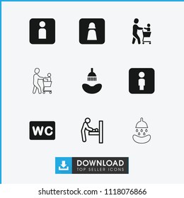 Restroom icon. collection of 9 restroom filled and outline icons such as shower, wc, baby changing room, man wc. editable restroom icons for web and mobile.