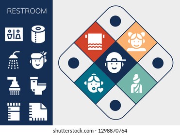  restroom icon set. 13 filled restroom icons. Simple modern icons about  - Boy, Urine, Napkin, Shower, Toilet, Woman, Wc, Toilet paper, Girl, Towel