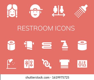 restroom icon set. 14 filled restroom icons. Included Girl, Boy, Wc, Shower, Toilet paper, Towel, Gender, Tissue icons