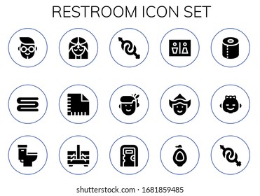 restroom icon set. 15 filled restroom icons.  Simple modern icons such as: Boy, Towel, Girl, Napkin, Gender, Woman, Wc, Toilet paper, Toilet, Sewing box, Public toilet, Urinal