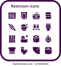  restroom icon set. 16 filled restroom icons. Simple modern icons about  - Wc, Bidet, Bathroom, Towel, Gender, Woman, Toilet, Shower, Toilet paper, Urinal, Tissue