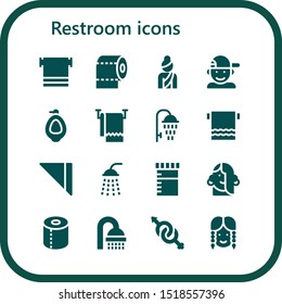 restroom icon set. 16 filled restroom icons.  Simple modern icons about  - Towel, Toilet paper, Woman, Boy, Urinal, Shower, Napkin, Urine, Girl, Gender