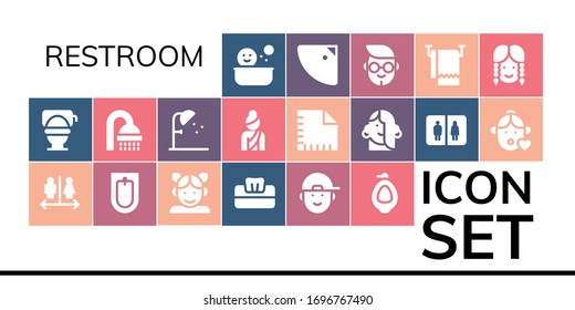 conjunto de iconos del baño. 19 iconos rellenos de baño. Incluye ducha, WC, Wc, Bidet, Chica, Tejido, Niño, Urinal, Mujer, Napkin, Baño, Iconos de toallas