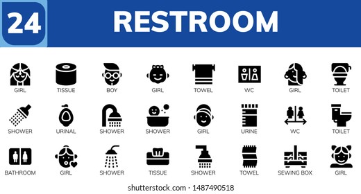 Restroom Icon Set. 24 Filled Restroom Icons.  Simple Modern Icons About  - Girl, Tissue, Boy, Towel, Wc, Toilet, Shower, Urinal, Urine, Bathroom, Sewing Box