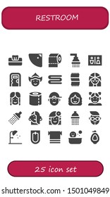 restroom icon set. 25 filled restroom icons.  Collection Of - Tissue, Shower, Toilet paper, Wc, Public toilet, Woman, Towel, Girl, Boy, Bidet, Urinal
