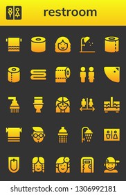 restroom icon set. 26 filled restroom icons.  Simple modern icons about  - Towel, Wc, Tissue, Woman, Shower, Toilet paper, Toilet, Girl, Sewing box, Boy, Bidet, Public toilet