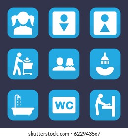 Restroom icon. set of 9 filled restroom icons such as baby changing room, shower, man and woman, girl, WC, Male WC, female WC