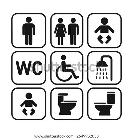 Restroom Icon Set: Accessible, Unisex, Baby, WC Symbols, Shower, Toilet Graphics.