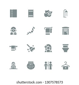 restroom icon set. Collection of 16 filled restroom icons included Towel, Restroom, Shower, Woman, Toilet, Girl, Clean, Portable toilets, Ratchet, Clogs, Toilet paper