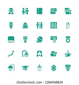 restroom icon set. Collection of 25 filled restroom icons included Toilet, Urinal, Shower, Towel, Clogs, Woman, Ratchet, Hand dryer, Restroom, Toilet paper, Restrooms