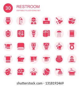 restroom icon set. Collection of 30 filled restroom icons included Toilet, Shower, Woman, Tissue, Clean, Urinal, Restroom, Toilet paper, Towel, Bidet, Clogs