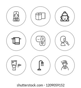 Restroom icon set. collection of 9 outline restroom icons with boy, girl, shower, toilet paper, toilet, woman icons. editable icons.