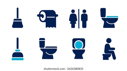 Restroom Icon Set Toilet, Plunger, Toilet Paper, and Bathroom Symbols