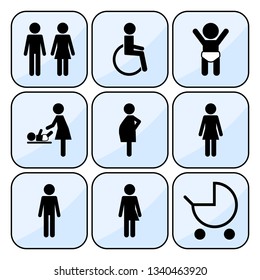 Restroom Icons: man, woman, wheelchair person symbol, baby changing. People icon 