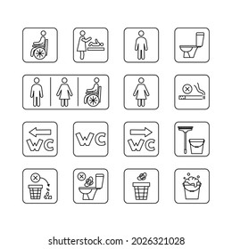 Restroom icons. Man, woman, wheelchair person symbol and baby changing. Stop smoke and pollution in the toilet. Do not flush. Male, Female, Handicap toilet sign. Vector