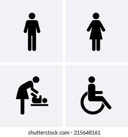 Restroom Icons: man, woman, wheelchair person symbol and baby changing