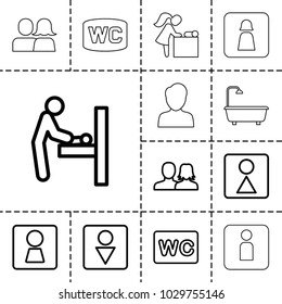 Restroom icons. set of 13 editable outline restroom icons such as woman wc, baby changing room, man and woman, wc, shower