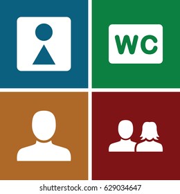 Restroom icons set. set of 4 restroom filled icons such as man, man and woman, WC