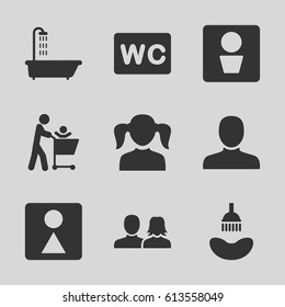 Restroom icons set. set of 9 restroom filled icons such as man WC, shower, man, man and woman, girl, WC, female WC