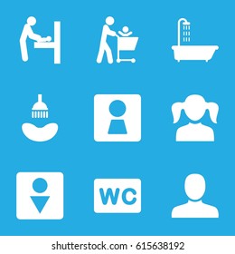 Restroom icons set. set of 9 restroom filled icons such as woman WC, baby changing room, shower, man, girl, WC, Male WC