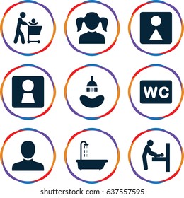 Restroom icons set. set of 9 restroom filled icons such as woman wc, baby changing room, shower, man, girl, wc, female wc