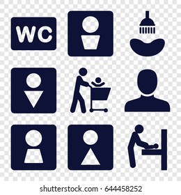 Restroom icons set. set of 9 restroom filled icons such as man wc, woman wc, baby changing room, man, shower