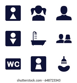 Restroom icons set. set of 9 restroom filled icons such as woman wc, shower, man, man and woman, girl
