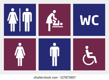 Restroom icons set, man and woman, swaddle baby, wc wheelchair person symbols, water closet sign