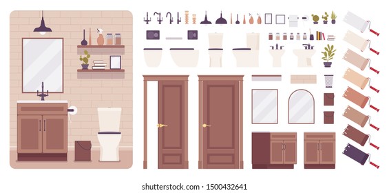 Restroom interior and water closet design creation set, toilet decor ideas, wc furniture kit, constructor elements to build your own design. Cartoon flat style infographic illustration, color palette