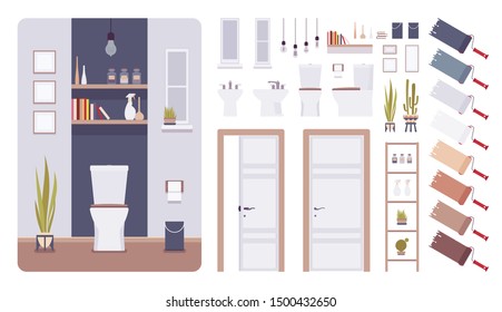Restroom interior and WC design creation set, toilet decor ideas, kit with lavatory furniture, constructor elements to build your own design. Cartoon flat style infographic illustration, color palette