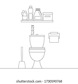 Restroom line art interior with furniture isolated on white background. WC house or hotel room with toilet bowl, toilet paper, brush, shelf with cleaning products, air freshener. Vector illustration.