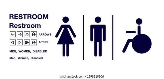 restroom logo icon for women, men and disabled handicap  wheelchair, sign WC