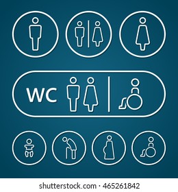 Restroom male female pregnant cripple oldster and baby sign outline stroke vector illustration