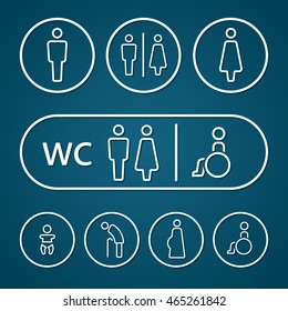 Restroom male female pregnant people living with disabilities oldster and baby sign outline stroke vector illustration