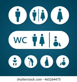 Restroom male female pregnant people living with disabilities oldster and baby sign vector illustration