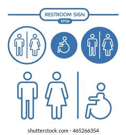 Restroom male female and sign for people with disabilities outline stroke vector illustration