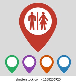 Restroom map pointer icon on grey background. Vector illustration