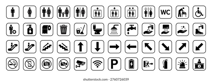 restroom public facility navigation prohibition and service sign icon set toilet arrow parking info
