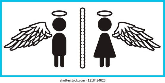 Restroom Sign For Christmas. Man And Woman with wing.
Angel symbol, vector, flat design